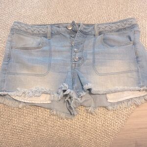 Light Wash Denim Shorts with Braided Waistband and Button Closure